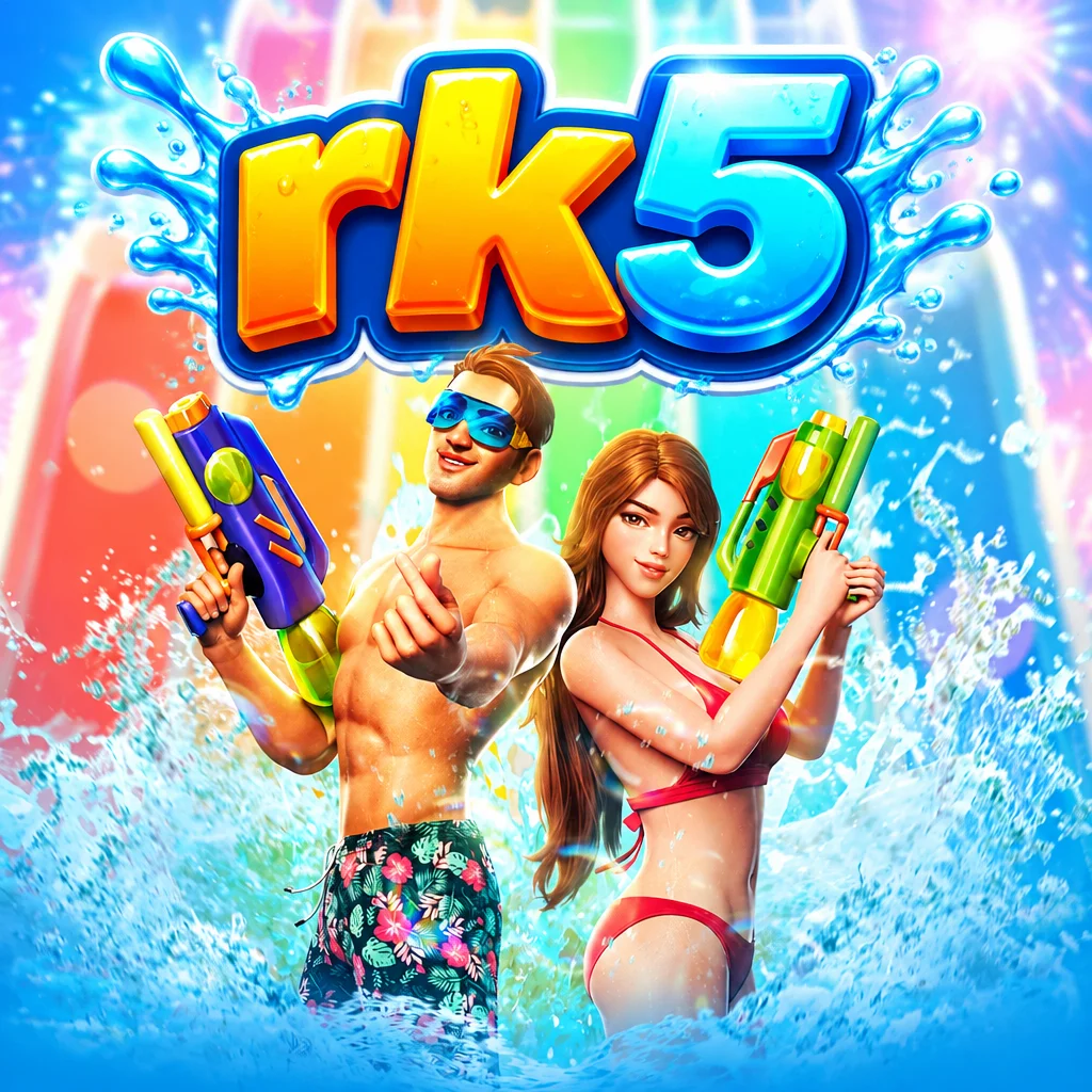 rk5 Songkran Splashing memperlihatkan pria dan wanita memegang pistol air di tengah festival basah